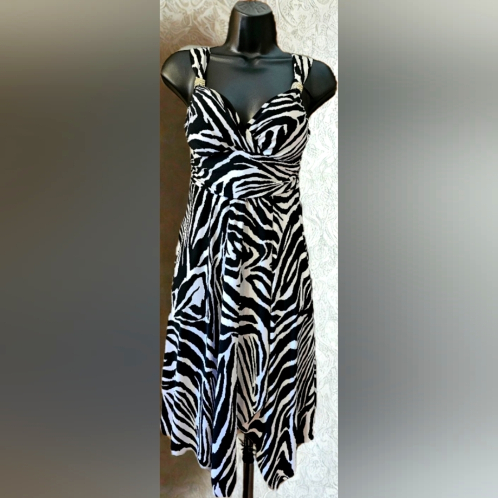 La Belle Zebra Print Dress w/built-in bra and rhinestone detail on straps.